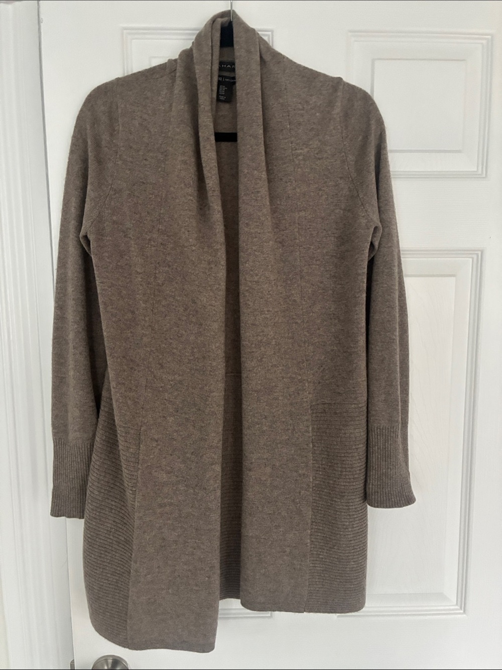 Tahari Taupe Open-Front Shawl Collar Cardigan